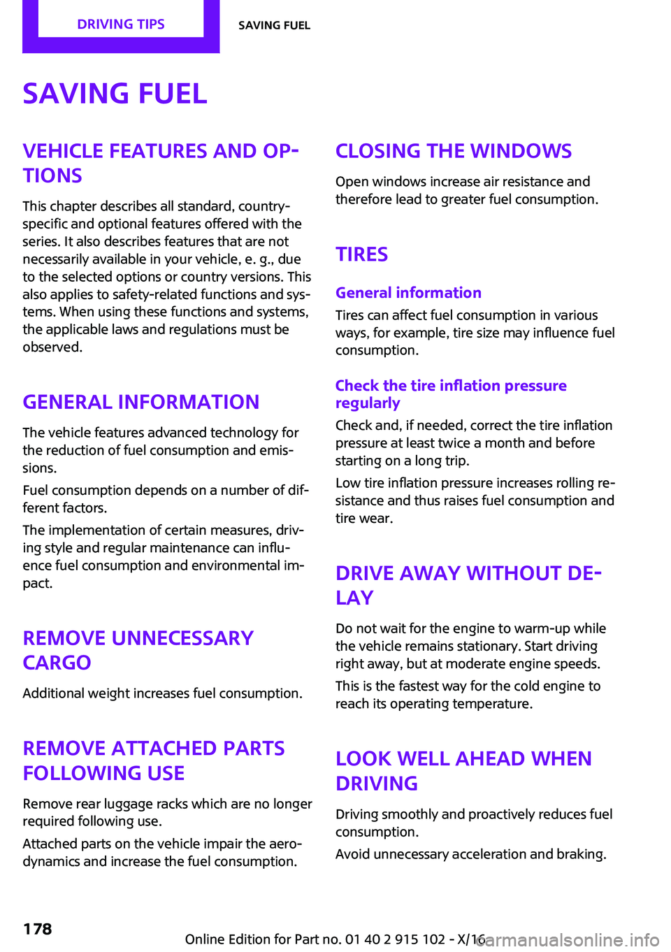 MINI COOPER CONVERTIBLE 2017  Owners Manual �S�a�v�i�n�g��f�u�e�l�V�e�h�i�c�l�e��f�e�a�t�u�r�e�s��a�n�d��o�p