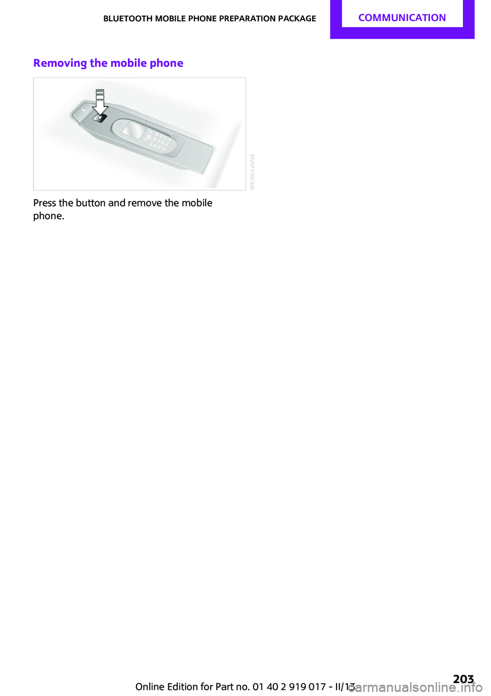 MINI COUPE ROADSTER CONVERTIBLE 2013  Owners Manual Removing the mobile phone
Press the button and remove the mobile
phone.
Seite 203Bluetooth mobile phone preparation packageCommunication203
Online Edition for Part no. 01 40 2 919 017 - II/13 