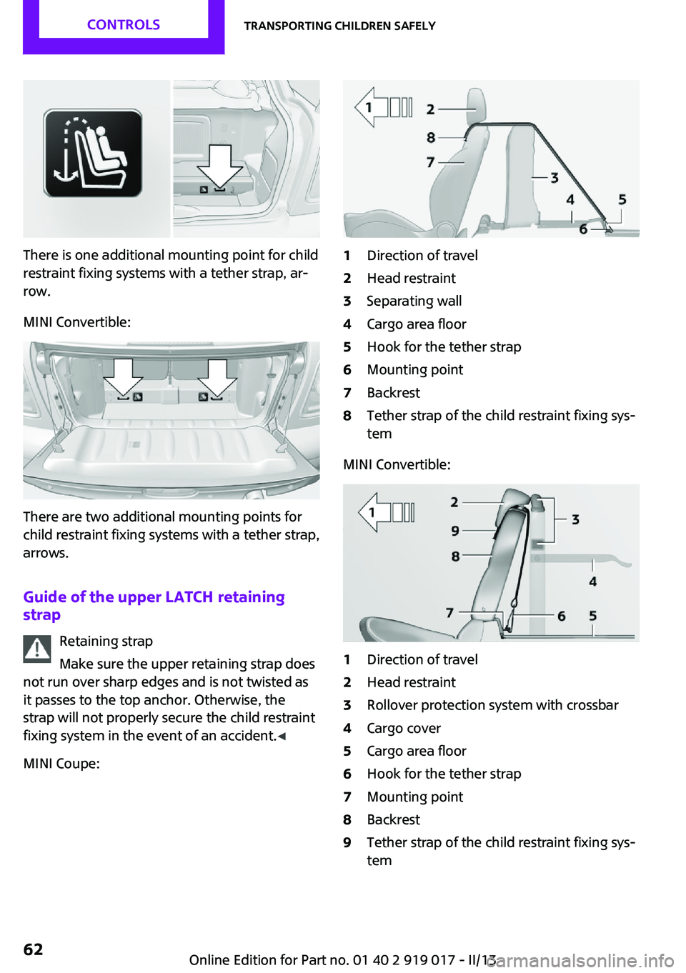 MINI COUPE ROADSTER CONVERTIBLE 2013 Owners Manual There is one additional mounting point for child
restraint fixing systems with a tether strap, ar‐
row.
MINI Convertible:
There are two additional mounting points for
child restraint fixing systems MINI COUPE ROADSTER CONVERTIBLE 2013 Owners Manual There is one additional mounting point for child
restraint fixing systems with a tether strap, ar‐
row.
MINI Convertible:
There are two additional mounting points for
child restraint fixing systems