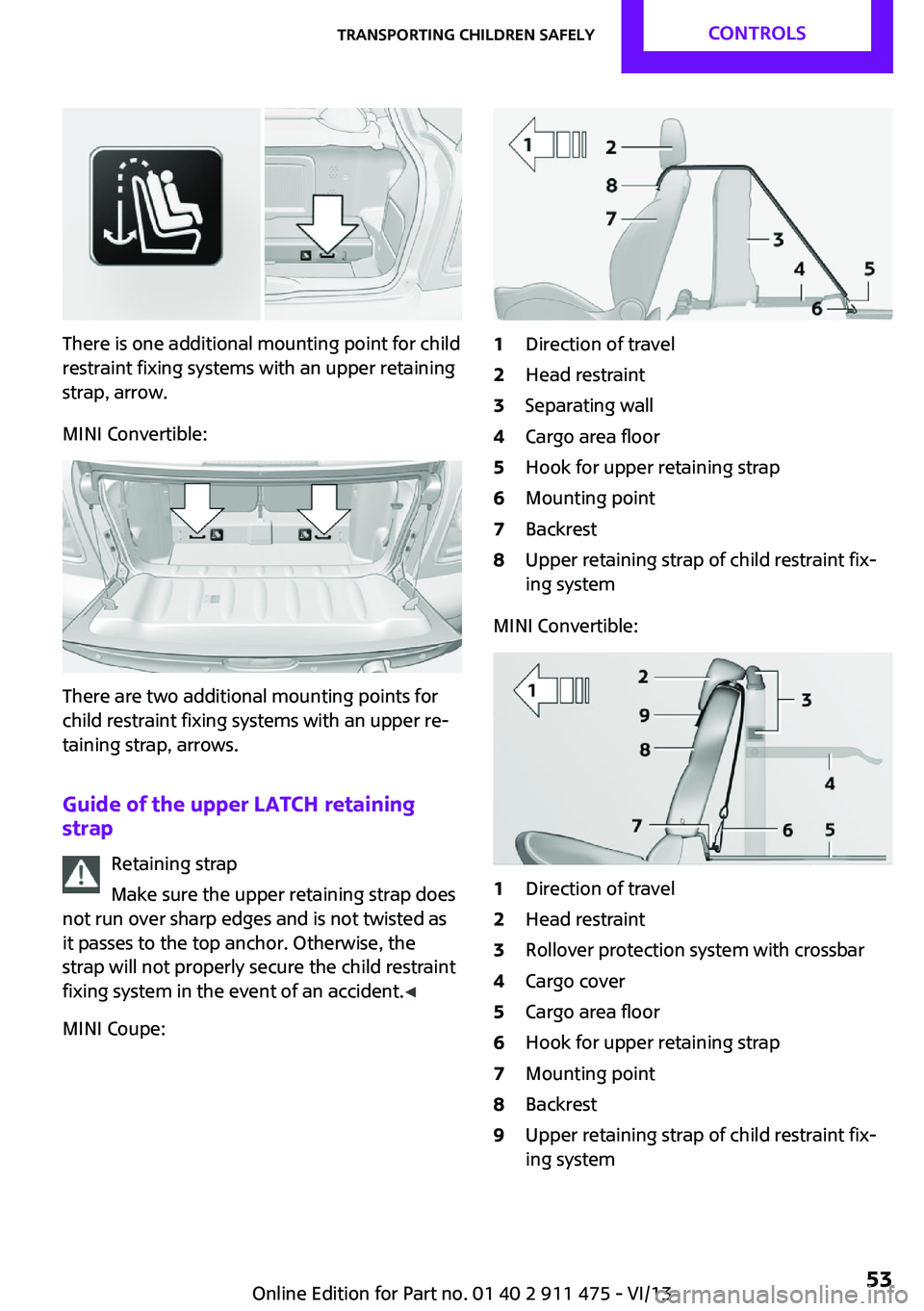 MINI COUPE ROADSTER CONVERTIBLE 2014  Owners Manual There is one additional mounting point for child
restraint fixing systems with an upper retaining
strap, arrow.
MINI Convertible:
There are two additional mounting points for
child restraint fixing sy