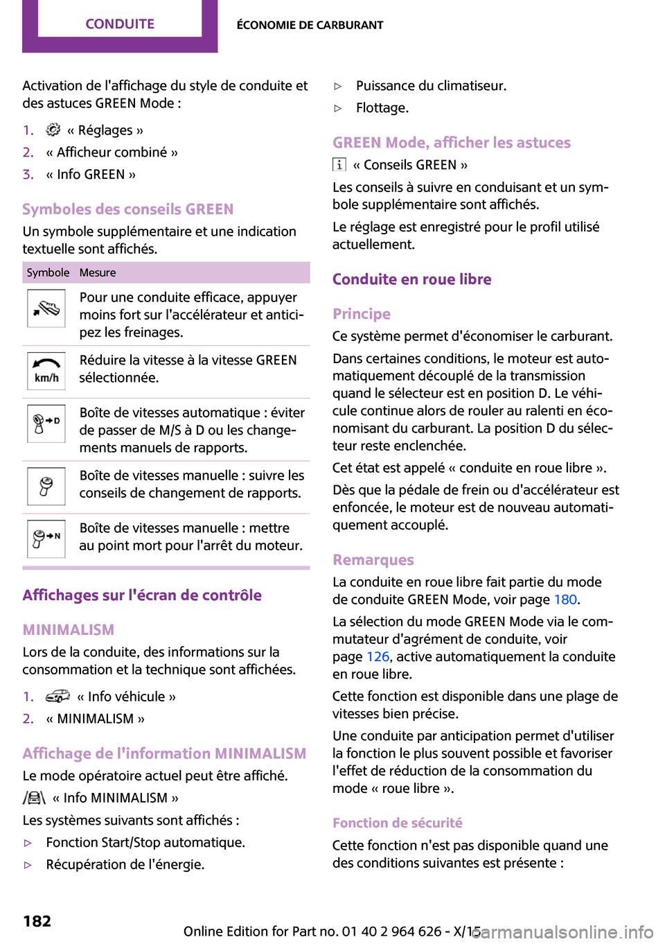 MINI 3 door 2015  Manuel du propriétaire (in French) Activation de laffichage du style de conduite et
des astuces GREEN Mode :1.  « Réglages »2.« Afficheur combiné »3.« Info GREEN »
Symboles des conseils GREEN
Un symbole supplémentaire et une 