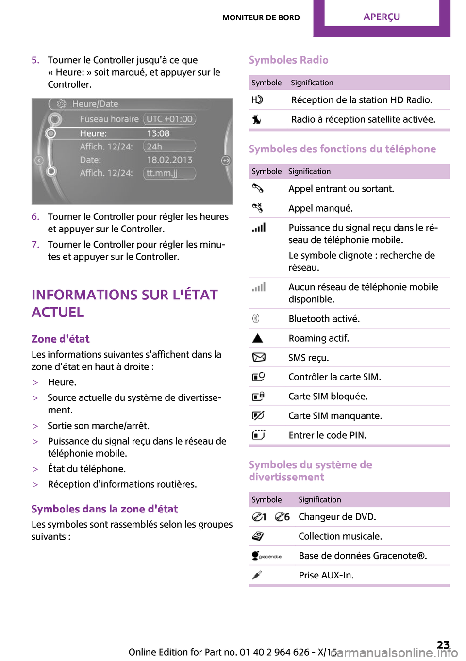 MINI 3 door 2015 Manuel du propriétaire (in French) 5.Tourner le Controller jusquà ce que
« Heure: » soit marqué, et appuyer sur le
Controller.6.Tourner le Controller pour régler les heures
et appuyer sur le Controller.7.Tourner le Controller pou MINI 3 door 2015 Manuel du propriétaire (in French) 5.Tourner le Controller jusquà ce que
« Heure: » soit marqué, et appuyer sur le
Controller.6.Tourner le Controller pour régler les heures
et appuyer sur le Controller.7.Tourner le Controller pou