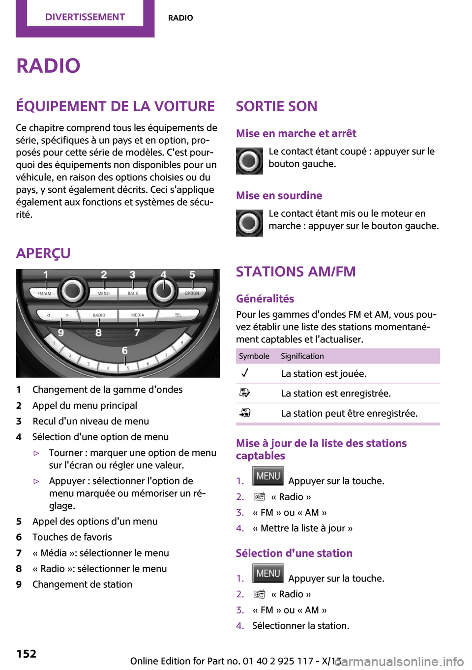 MINI 3 door 2013 Manuel du propriétaire (in French) RadioÉquipement de la voiture
Ce chapitre comprend tous les équipements de
série, spécifiques à un pays et en option, pro‐
posés pour cette série de modèles. Cest pour‐
quoi des équipeme MINI 3 door 2013 Manuel du propriétaire (in French) RadioÉquipement de la voiture
Ce chapitre comprend tous les équipements de
série, spécifiques à un pays et en option, pro‐
posés pour cette série de modèles. Cest pour‐
quoi des équipeme
