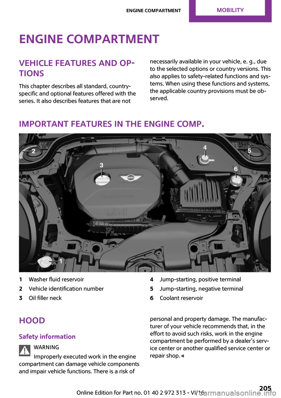 MINI 5 door 2016  Owners Manual �E�n�g�i�n�e��c�o�m�p�a�r�t�m�e�n�t�V�e�h�i�c�l�e��f�e�a�t�u�r�e�s��a�n�d��o�p