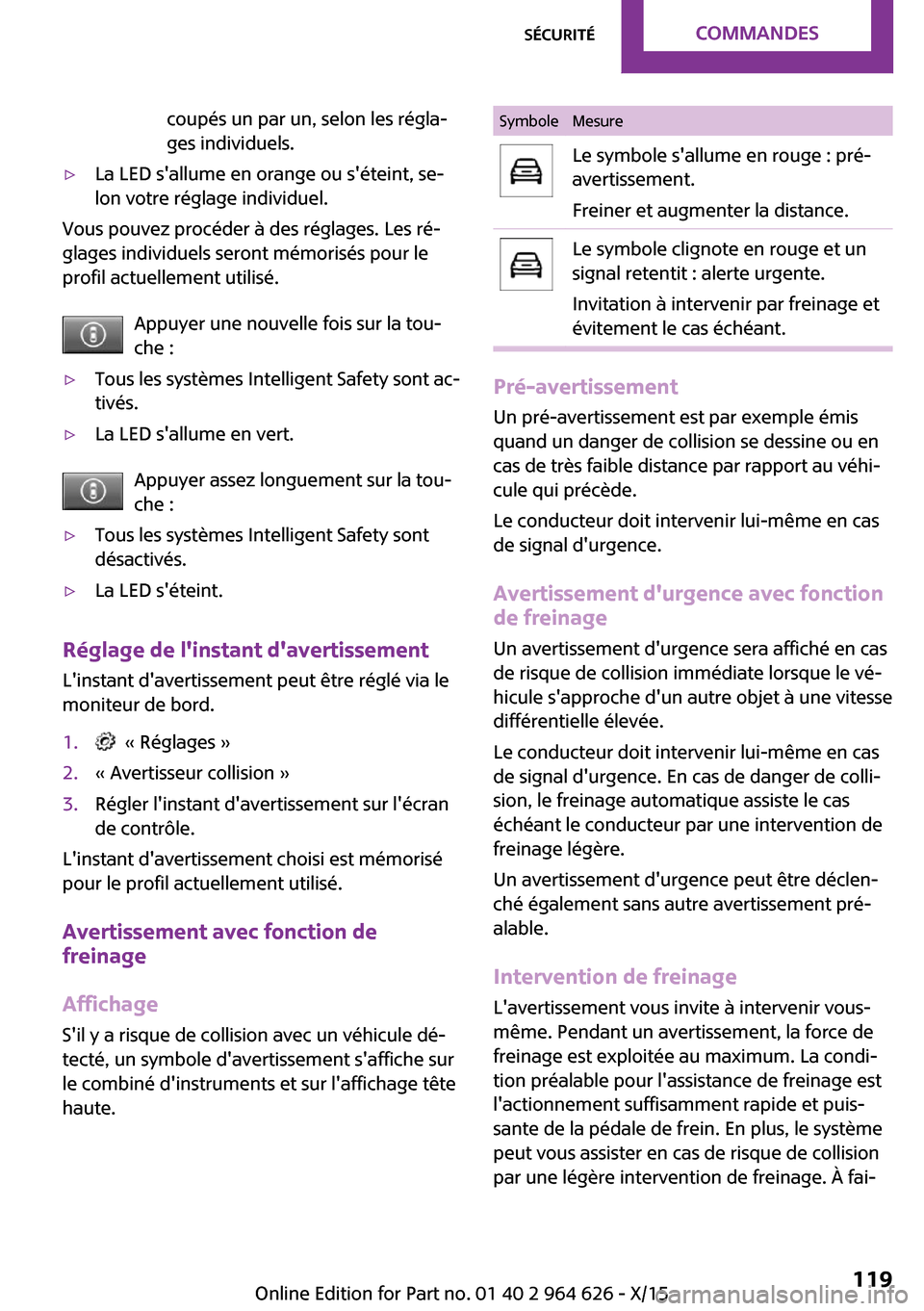 MINI 5 door 2015 Manuel du propriétaire (in French) coupés un par un, selon les régla‐
ges individuels.▷La LED sallume en orange ou séteint, se‐
lon votre réglage individuel.
Vous pouvez procéder à des réglages. Les ré‐
glages individ MINI 5 door 2015 Manuel du propriétaire (in French) coupés un par un, selon les régla‐
ges individuels.▷La LED sallume en orange ou séteint, se‐
lon votre réglage individuel.
Vous pouvez procéder à des réglages. Les ré‐
glages individ