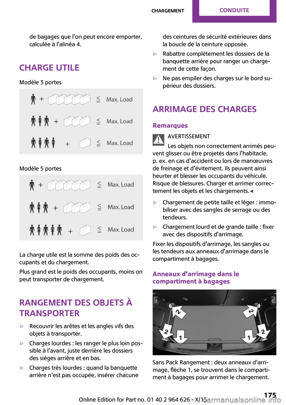MINI 5 door 2015 Manuel du propriétaire (in French) de bagages que lon peut encore emporter,
calculée à lalinéa 4.
Charge utile
Modèle 3 portesModèle 5 portes
La charge utile est la somme des poids des oc‐
cupants et du chargement.
Plus grand MINI 5 door 2015 Manuel du propriétaire (in French) de bagages que lon peut encore emporter,
calculée à lalinéa 4.
Charge utile
Modèle 3 portesModèle 5 portes
La charge utile est la somme des poids des oc‐
cupants et du chargement.
Plus grand