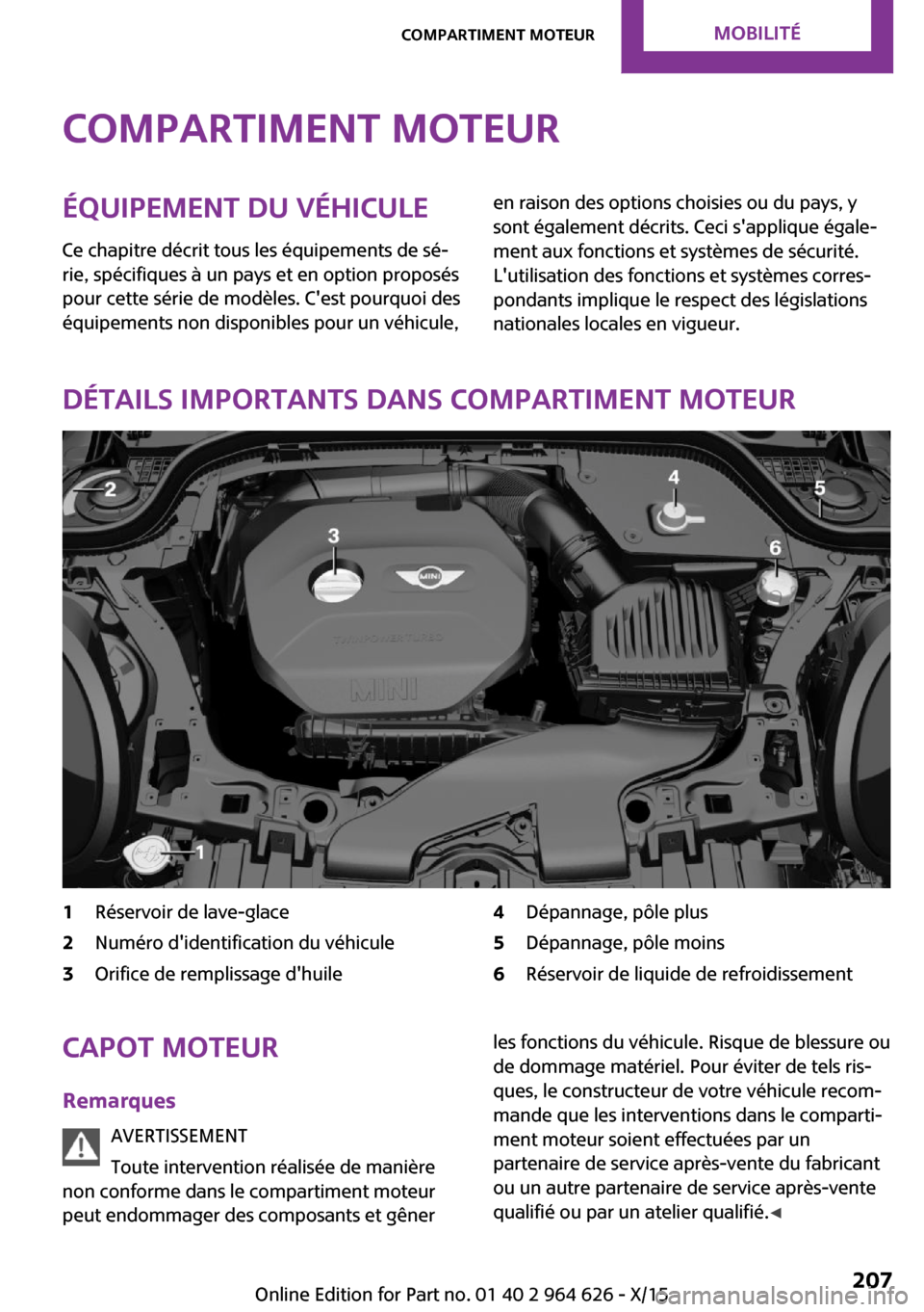MINI 5 door 2015 Manuel du propriétaire (in French) Compartiment moteurÉquipement du véhicule
Ce chapitre décrit tous les équipements de sé‐
rie, spécifiques à un pays et en option proposés
pour cette série de modèles. Cest pourquoi des
é MINI 5 door 2015 Manuel du propriétaire (in French) Compartiment moteurÉquipement du véhicule
Ce chapitre décrit tous les équipements de sé‐
rie, spécifiques à un pays et en option proposés
pour cette série de modèles. Cest pourquoi des
é