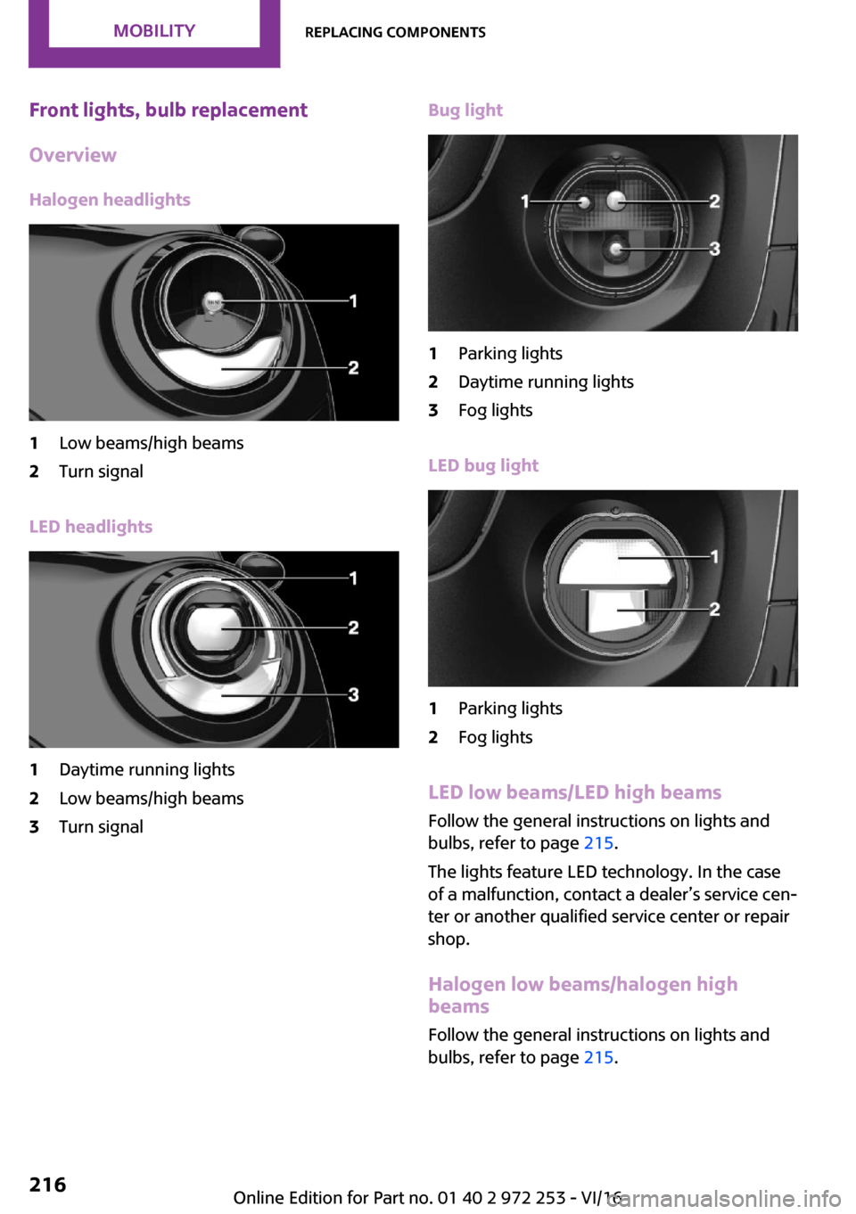 MINI Clubman 2016  Owners Manual �F�r�o�n�t��l�i�g�h�t�s�,��b�u�l�b��r�e�p�l�a�c�e�m�e�n�t
�O�v�e�r�v�i�e�w
�H�a�l�o�g�e�n��h�e�a�d�l�i�g�h�t�s�1�L�o�w� �b�e�a�m�s�/�h�i�g�h� �b�e�a�m�s�2�T�u�r�n� �s�i�g�n�a�l
�L�E�D��h�e�a�d�l�
