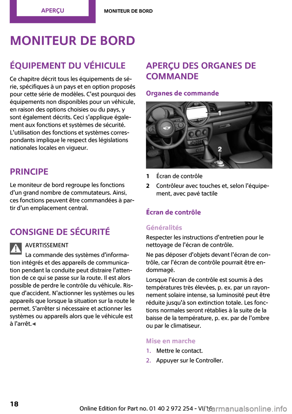 MINI Clubman 2016  Manuel du propriétaire (in French) �M�o�n�i�t�e�u�r��d�e��b�o�r�d�