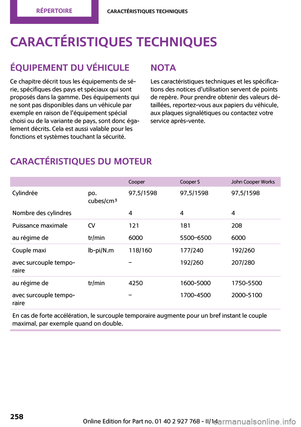 MINI Clubman 2014  Manuel du propriétaire (in French) Caractéristiques techniquesÉquipement du véhiculeCe chapitre décrit tous les équipements de sé‐
rie, spécifiques des pays et spéciaux qui sont
proposés dans la gamme. Des équipements qui
n