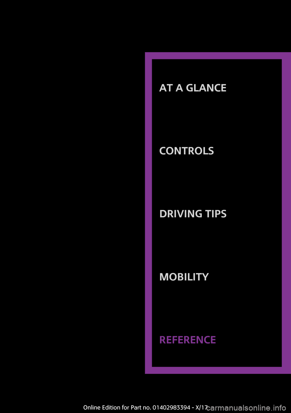 MINI Convertible 2018  Owners Manual �A�T��A��G�L�A�N�C�E
�C�O�N�T�R�O�L�S�D�R�I�V�I�N�G��T�I�P�S�M�O�B�I�L�I�T�Y�R�E�F�E�R�E�N�C�E
�O�n�l�i�n�e� �E�d�i�t�i�o�n� �f�o�r� �P�a�r�t� �n�o�.� �0�1�4�0�2�9�8�3�3�9�4� �-� �X�/�1�7 