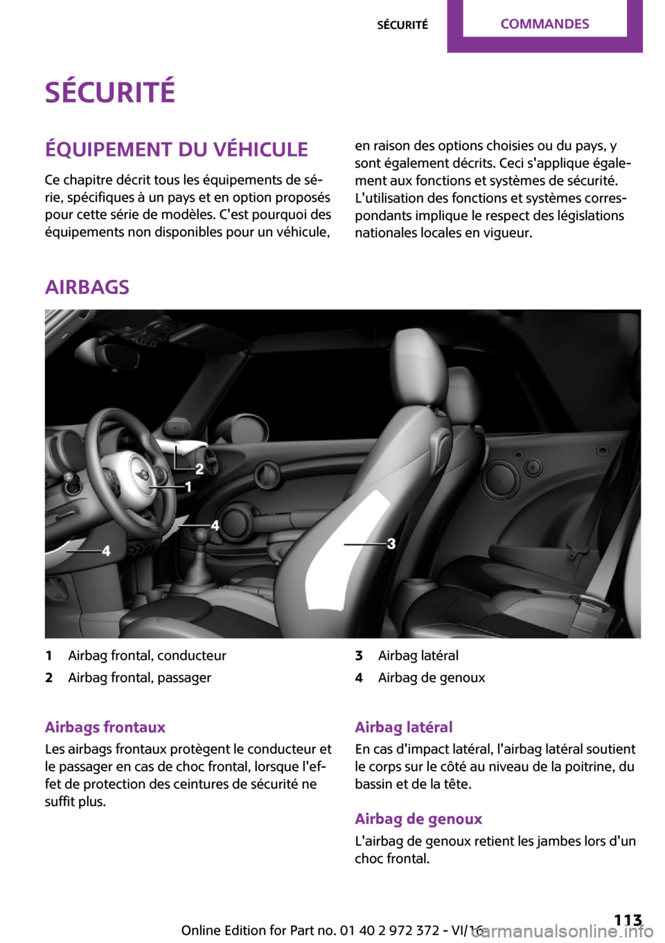 MINI Convertible 2016  Manuel du propriétaire (in French) �S�é�c�u�r�i�t�é�