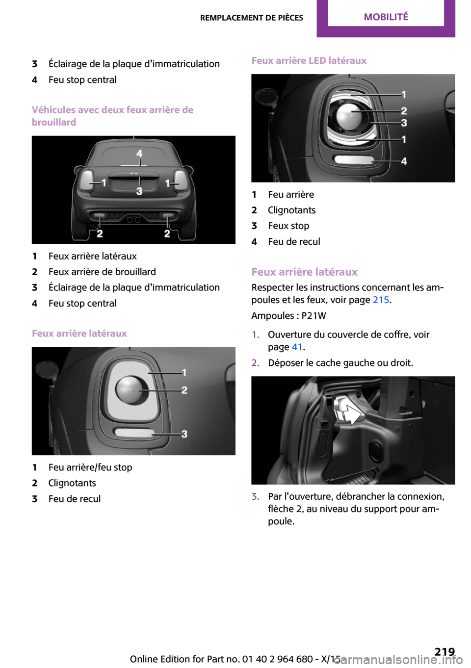 MINI Convertible 2015  Manuel du propriétaire (in French) 3Éclairage de la plaque dimmatriculation4Feu stop central
Véhicules avec deux feux arrière de
brouillard
1Feux arrière latéraux2Feux arrière de brouillard3Éclairage de la plaque dimmatriculat
