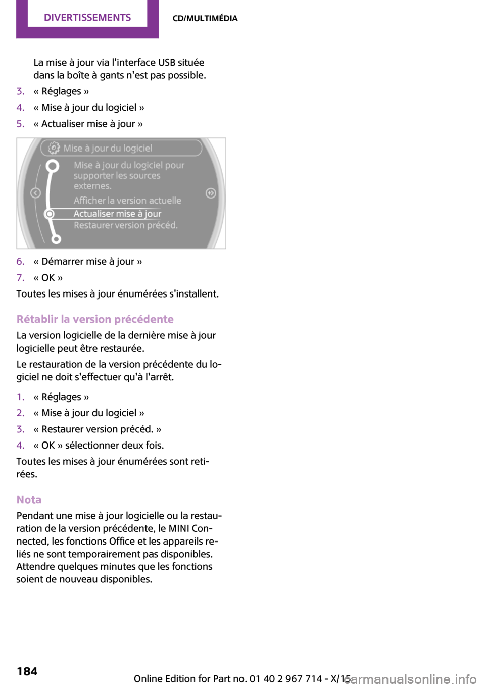 MINI Countryman 2015  Manuel du propriétaire (in French) La mise à jour via linterface USB située
dans la boîte à gants nest pas possible.3.« Réglages »4.« Mise à jour du logiciel »5.« Actualiser mise à jour »6.« Démarrer mise à jour »7.