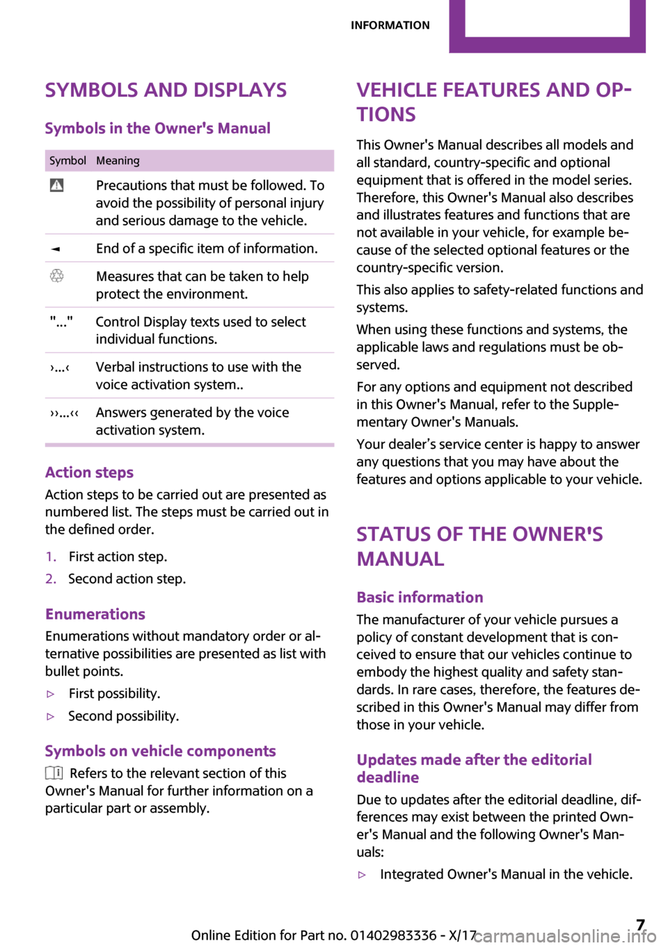 MINI Hardtop 2 Door 2018  Owners Manual �S�y�m�b�o�l�s��a�n�d��d�i�s�p�l�a�y�s
�S�y�m�b�o�l�s��i�n��t�h�e��O�w�n�e�r��s��M�a�n�u�a�l�S�y�m�b�o�l�M�e�a�n�i�n�g� �P�r�e�c�a�u�t�i�o�n�s� �t�h�a�t� �m�u�s�t� �b�e� �f�o�l�l�o�w�e�d�.� �T�
