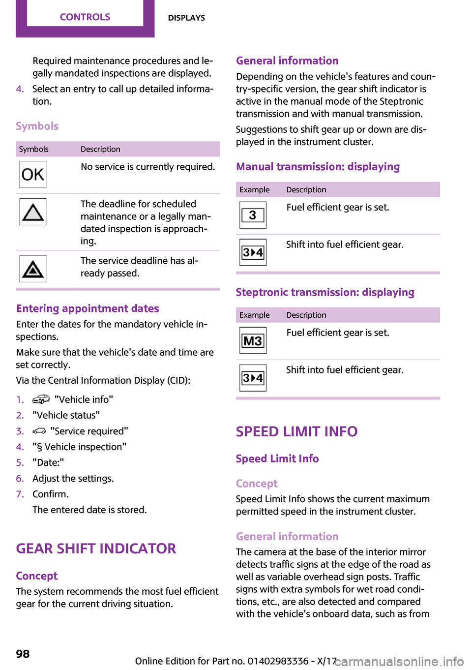 MINI Hardtop 2 Door 2018  Owners Manual �R�e�q�u�i�r�e�d� �m�a�i�n�t�e�n�a�n�c�e� �p�r�o�c�e�d�u�r�e�s� �a�n�d� �l�e~�g�a�l�l�y� �m�a�n�d�a�t�e�d� �i�n�s�p�e�c�t�i�o�n�s� �a�r�e� �d�i�s�p�l�a�y�e�d�.�4�.�S�e�l�e�c�t� �a�n� �e�n�t�r�y� �t�o