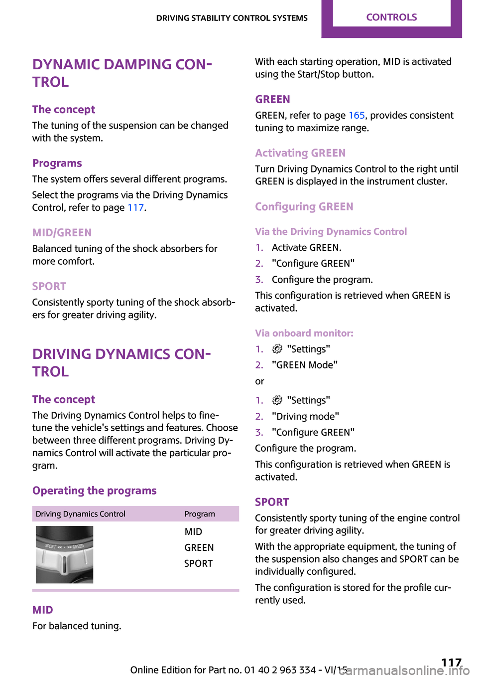 MINI Hardtop 4 Door 2016  Owners Manual (Mini Connected) Dynamic Damping Con‐
trol
The concept
The tuning of the suspension can be changed
with the system.
Programs The system offers several different programs.
Select the programs via the Driving Dynamics