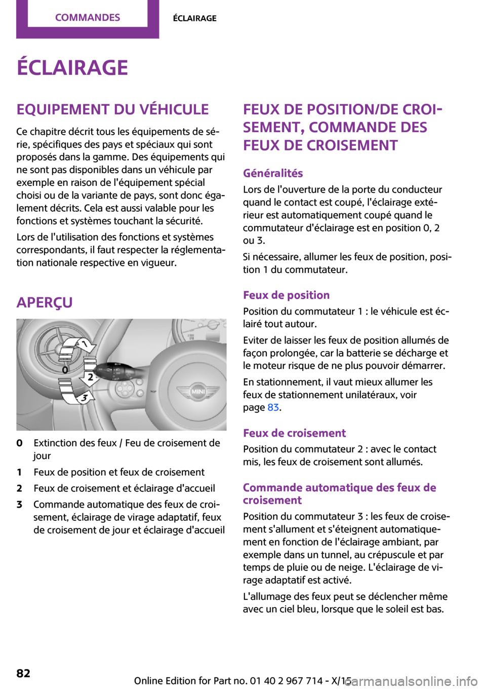 MINI Paceman 2015 Manuel du propriétaire (in French) ÉclairageEquipement du véhiculeCe chapitre décrit tous les équipements de sé‐
rie, spécifiques des pays et spéciaux qui sont
proposés dans la gamme. Des équipements qui
ne sont pas disponib MINI Paceman 2015 Manuel du propriétaire (in French) ÉclairageEquipement du véhiculeCe chapitre décrit tous les équipements de sé‐
rie, spécifiques des pays et spéciaux qui sont
proposés dans la gamme. Des équipements qui
ne sont pas disponib