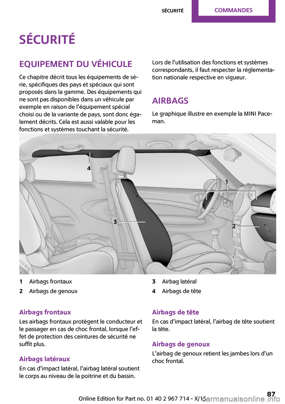 MINI Paceman 2015 Manuel du propriétaire (in French) SécuritéEquipement du véhicule
Ce chapitre décrit tous les équipements de sé‐
rie, spécifiques des pays et spéciaux qui sont
proposés dans la gamme. Des équipements qui
ne sont pas disponi MINI Paceman 2015 Manuel du propriétaire (in French) SécuritéEquipement du véhicule
Ce chapitre décrit tous les équipements de sé‐
rie, spécifiques des pays et spéciaux qui sont
proposés dans la gamme. Des équipements qui
ne sont pas disponi