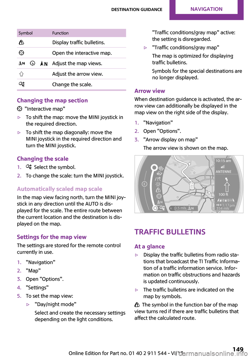 MINI Paceman 2014  Owners Manual (Mini Connected) SymbolFunction Display traffic bulletins. Open the interactive map.         Adjust the map views. Adjust the arrow view. Change the scale.
Changing the map section
  "Interactive map"
▷To shift the 