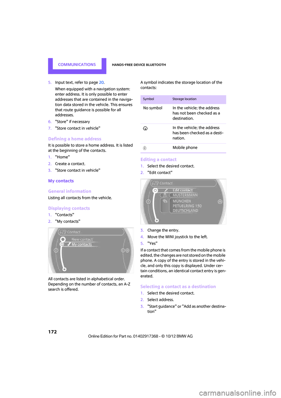 MINI Paceman 2013  Owners Manual COMMUNICATIONSHands-free device Bluetooth
172
5.Input text, refer to page 20.
When equipped with a navigation system: 
enter address. It is only possible to enter 
addresses that are cont ained in the