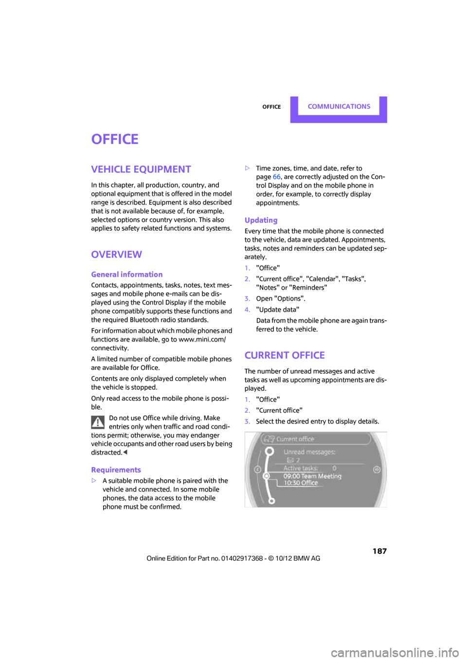 MINI Paceman 2013  Owners Manual OfficeCOMMUNICATIONS
 187
Office
Vehicle equipment
In this chapter, all production, country, and 
optional equipment that is offered in the model 
range is described. Equipment is also described 
that