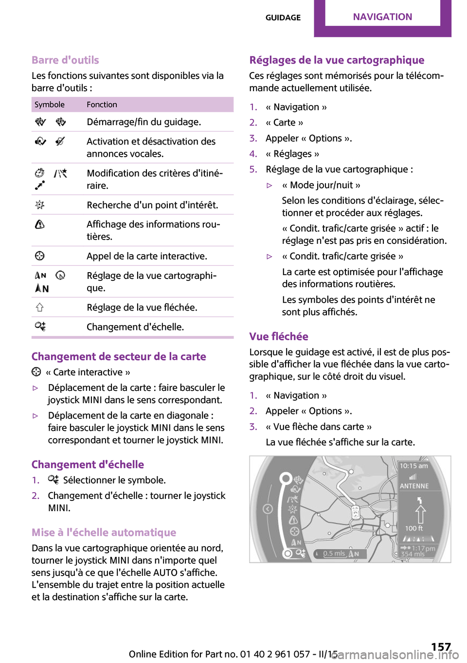 MINI Roadster 2015  Manuel du propriétaire (in French) Barre doutilsLes fonctions suivantes sont disponibles via la
barre doutils :SymboleFonction     Démarrage/fin du guidage.     Activation et désactivation des
annonces vocales.       
 
Modificatio
