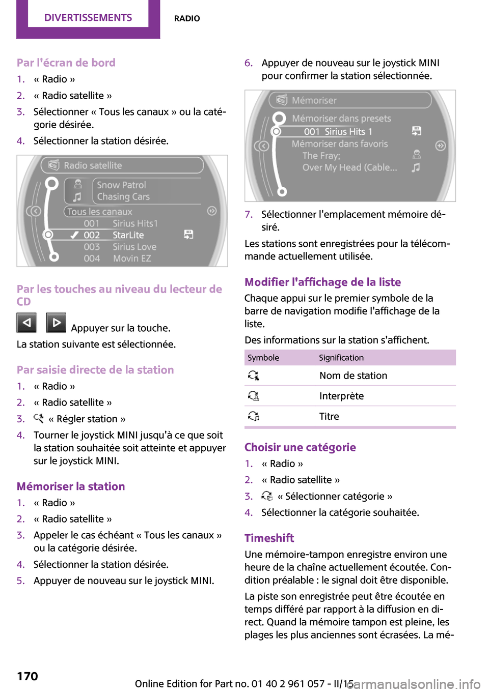 MINI Roadster 2015  Manuel du propriétaire (in French) Par lécran de bord1.« Radio »2.« Radio satellite »3.Sélectionner « Tous les canaux » ou la caté‐
gorie désirée.4.Sélectionner la station désirée.
Par les touches au niveau du lecteur 