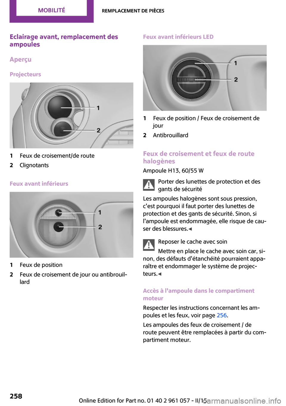 MINI Roadster 2015  Manuel du propriétaire (in French) Eclairage avant, remplacement des
ampoules
Aperçu
Projecteurs1Feux de croisement/de route2Clignotants
Feux avant inférieurs
1Feux de position2Feux de croisement de jour ou antibrouil‐
lardFeux ava