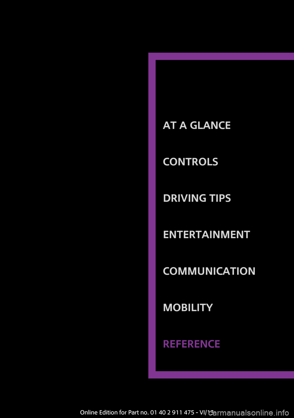 MINI Roadster 2014  Owners Manual At a glanceControlsDriving tipsEntertainmentCommunicationMobilityReferenceOnline Edition for Part no. 01 40 2 911 475 - VI/13 