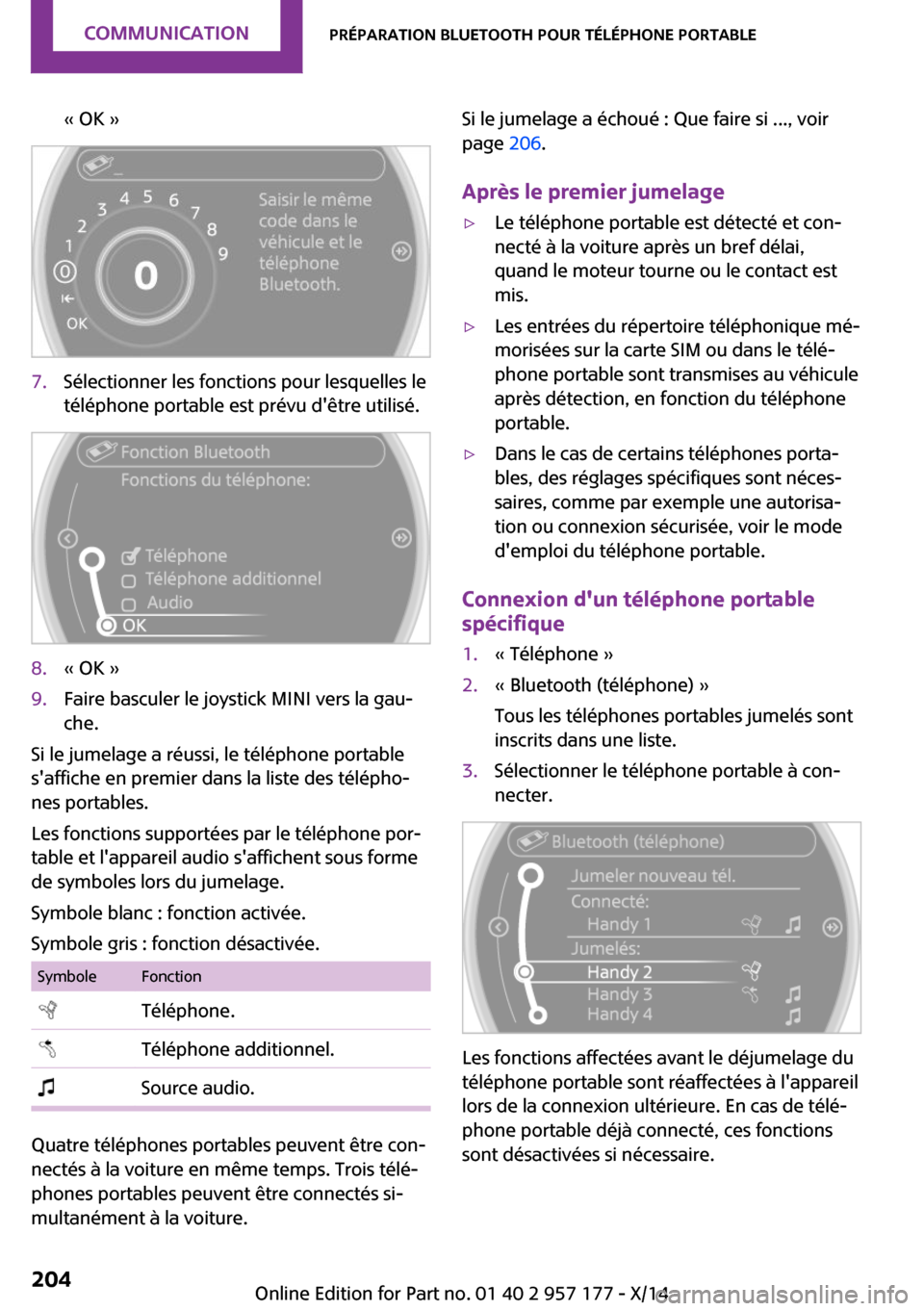 MINI Roadster 2014 Manuel du propriétaire (in French) « OK »7.Sélectionner les fonctions pour lesquelles le
téléphone portable est prévu dêtre utilisé.8.« OK »9.Faire basculer le joystick MINI vers la gau‐
che.
Si le jumelage a réussi, le t MINI Roadster 2014 Manuel du propriétaire (in French) « OK »7.Sélectionner les fonctions pour lesquelles le
téléphone portable est prévu dêtre utilisé.8.« OK »9.Faire basculer le joystick MINI vers la gau‐
che.
Si le jumelage a réussi, le t