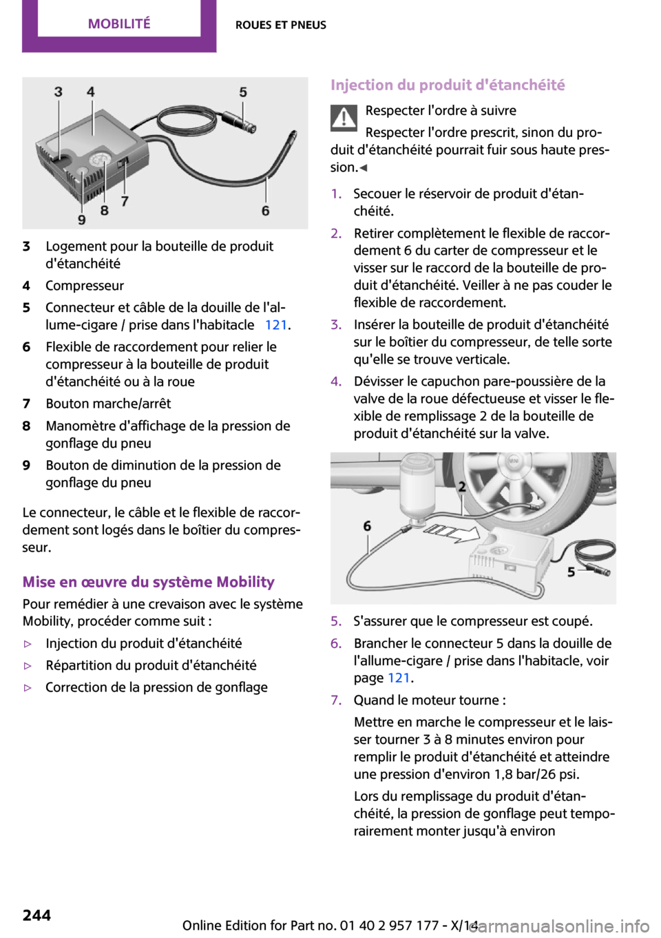 MINI Roadster 2014  Manuel du propriétaire (in French) 3Logement pour la bouteille de produit
détanchéité4Compresseur5Connecteur et câble de la douille de lal‐
lume-cigare / prise dans lhabitacle   121.6Flexible de raccordement pour relier le
