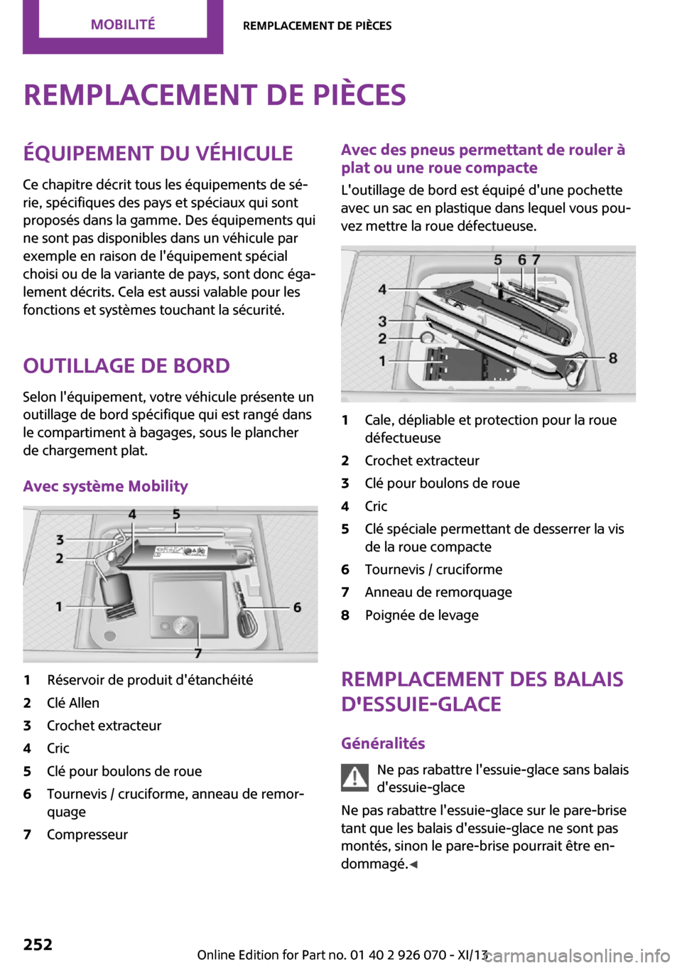 MINI Roadster 2013  Manuel du propriétaire (in French) Remplacement de piècesÉquipement du véhicule
Ce chapitre décrit tous les équipements de sé‐
rie, spécifiques des pays et spéciaux qui sont
proposés dans la gamme. Des équipements qui
ne so