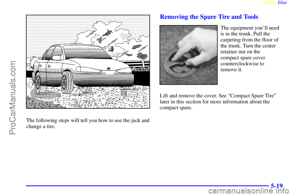 OLDSMOBILE ALERO 1999  Owners Manual yellowblue     
5-19
The following steps will tell you how to use the jack and
change a tire.
Removing the Spare Tire and Tools
The equipment youll need
is in the trunk. Pull the
carpeting from the f