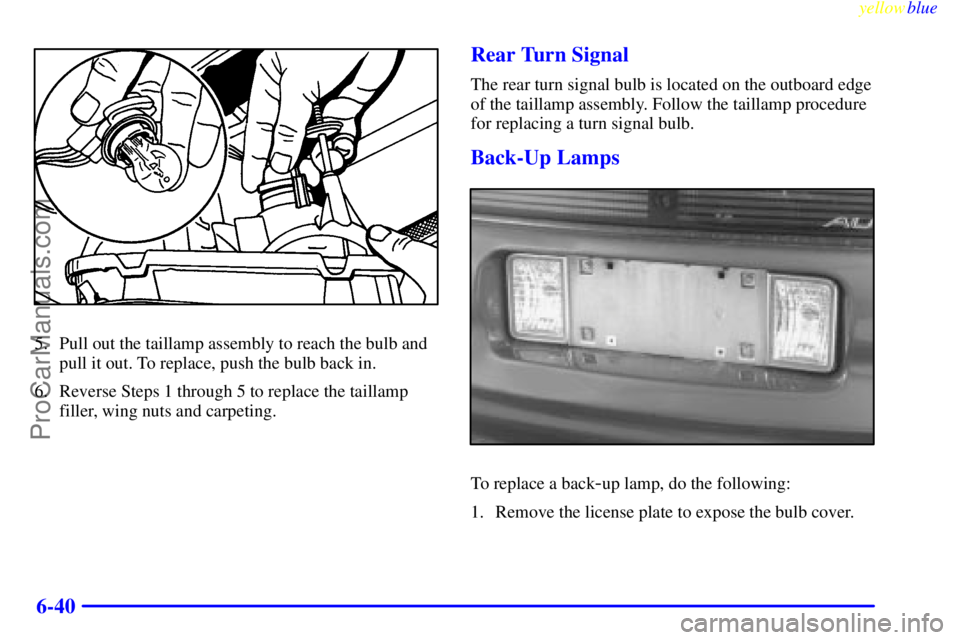 OLDSMOBILE AURORA 1999  Owners Manual yellowblue     
6-40
5. Pull out the taillamp assembly to reach the bulb and
pull it out. To replace, push the bulb back in.
6. Reverse Steps 1 through 5 to replace the taillamp
filler, wing nuts and 