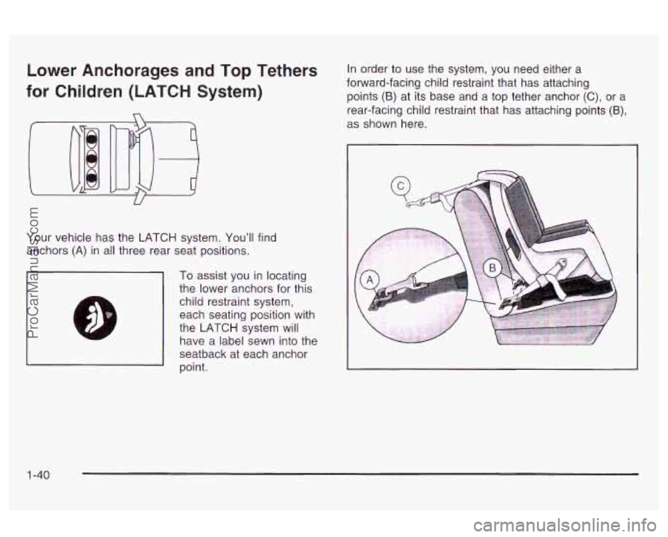 OLDSMOBILE AURORA 2003  Owners Manual Lower Anchorages  and Top  Tethers 
for  Children  (LATCH  System) 
U 
Your vehicle  has the LATCH  system. You’ll find 
anchors 
(A) in  all  three  rear seat positions. 
To assist  you  in  locati