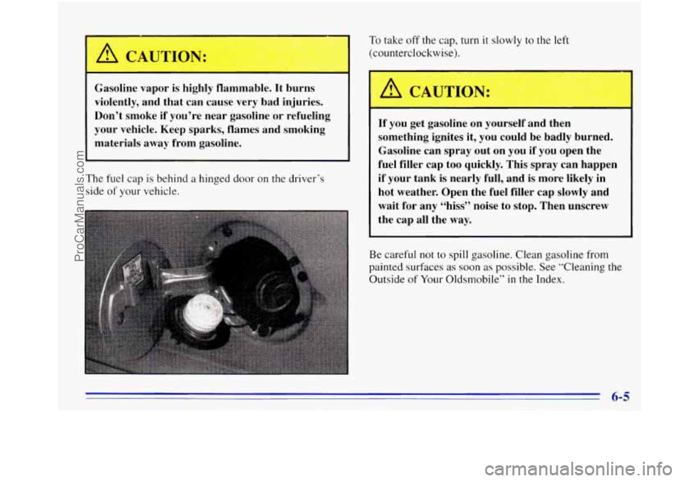 OLDSMOBILE BRAVADA 1996  Owners Manual Gasoline  vapor  is  highly  flammable.  It  burns 
violently, and  that  can  cause  very  bad  injuries. 
Don’t  smoke  if you’re  near  gasoline  or  refueling 
your  vehicle.  Keep  sparks,  f