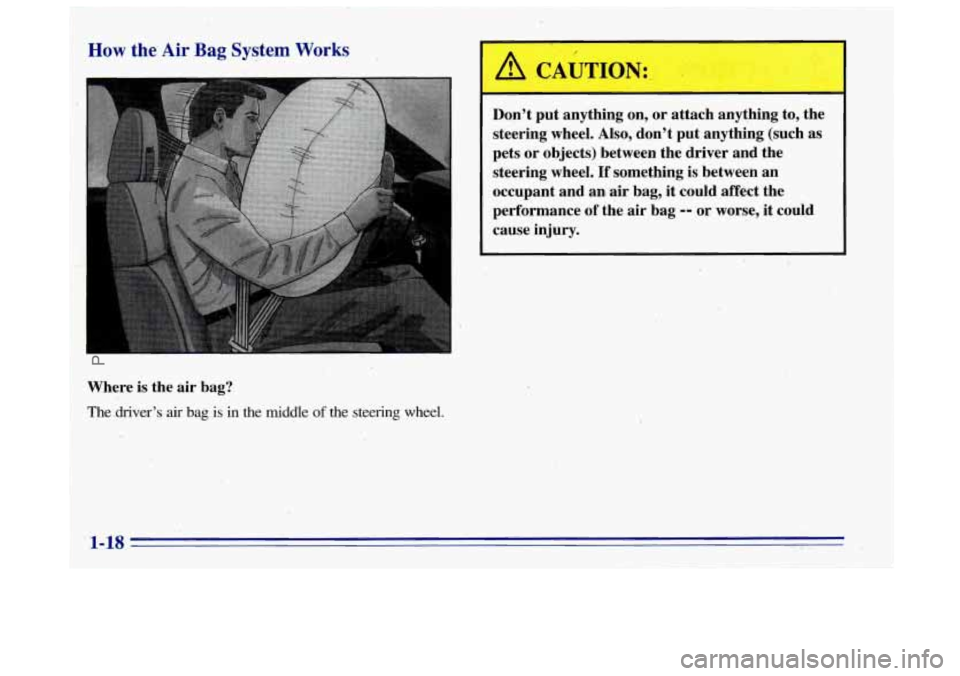OLDSMOBILE BRAVADA 1996  Owners Manual I 
How the Air Bag System Works 
Where is the  air  bag? 
The  ,driver’s air bag is in the  middle of the  steering  wheel. 
1 A CAUTION: 
L 
pets or objects)  between  the  driver  and  the 
steeri