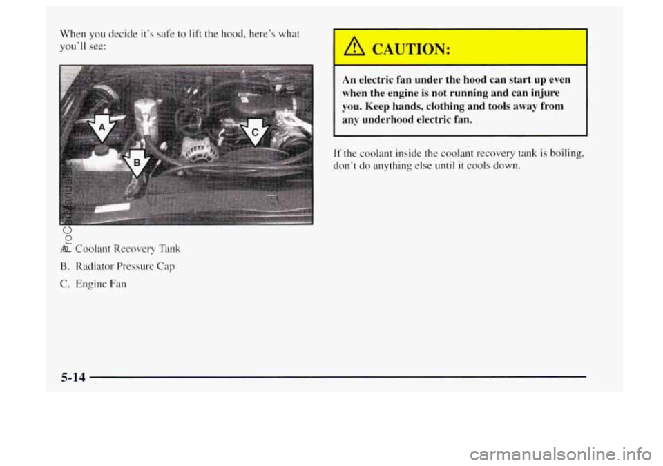OLDSMOBILE BRAVADA 1997  Owners Manual When you decide  it’s safe  to lift  the  hood, here’s  what 
you’ll  see: 
A. Coolant Recovery  Tank 
B. Radiator Pressure Cap 
C. Engine Fan 
/II CAUTION: 
An electric  fan  under  the hood ca