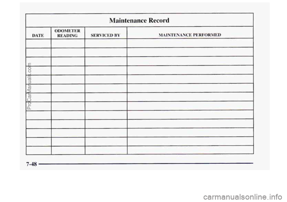 OLDSMOBILE BRAVADA 1997  Owners Manual Maintenance  Record 
ODOMETER 
I DATE I READING 1 SERVICED BY I MAINTENANCE PERFORMED 
ProCarManuals.com 