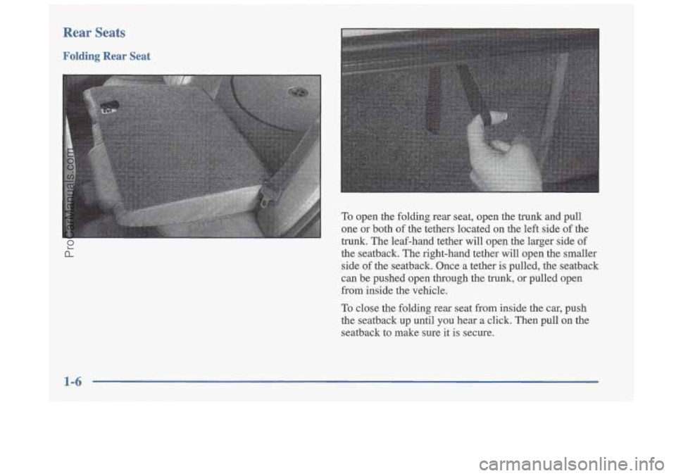 OLDSMOBILE CUTLASS 1997  Owners Manual Rear  Seats 
Folding Rear Seat 
To  open  the folding  rear seat, open  the  trunk  and  pull 
one  or  both  of the  tethers  located  on  the  left side  of the 
trunk. The  leaf-hand  tether  will 