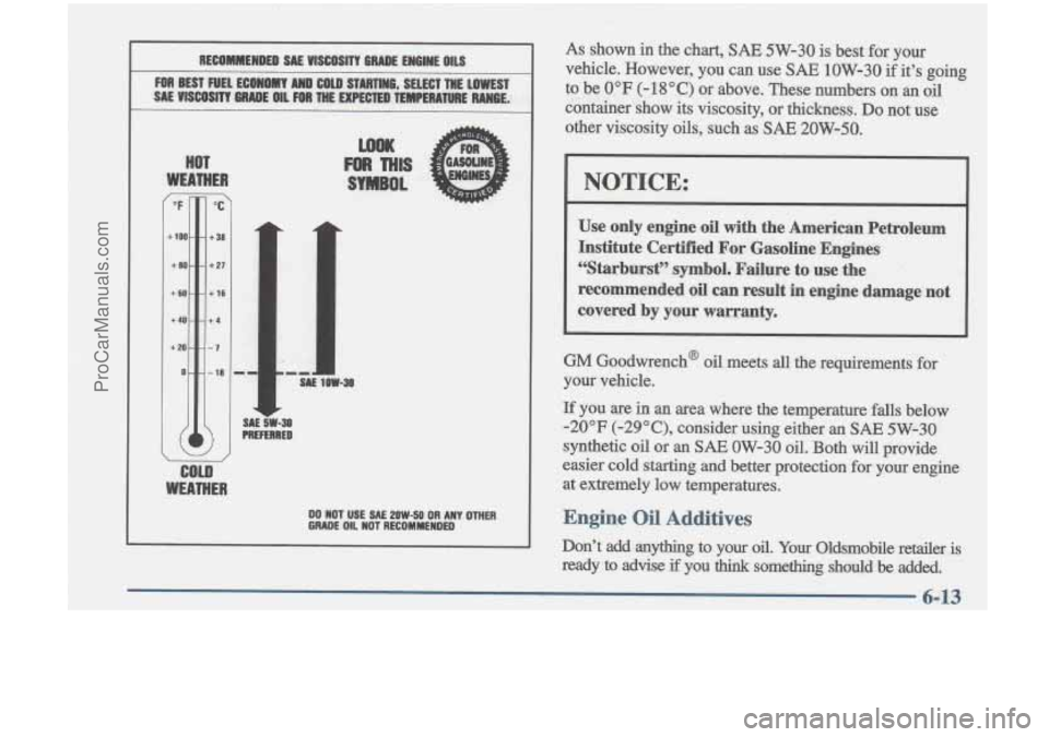OLDSMOBILE CUTLASS 1997  Owners Manual RECOMMENDED WE VISCOSITY GRADE ENGINE OllS 
FOR BEST  NE1 ECONOMY J\ND COLD SIARTINS, SELECT THE LOWEST 
SAE VISCOSITY "WDL OIL FOR TWE EXPEMEaTEMPERATURE  RRNSE: 
HOT 
WEATHER r 
"F 
ClOO, 
+BO. 
+6