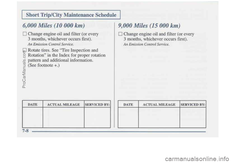 OLDSMOBILE CUTLASS 1997  Owners Manual 9,000 Miles (15 000 km) 
0 Change  engine oil and  filter  (or  every 
3 months,  whichever  occurs  first). 
An Emission Control Service. 
DATE  ACTUAL MILEAGE SERVICED BY: 
ProCarManuals.com 