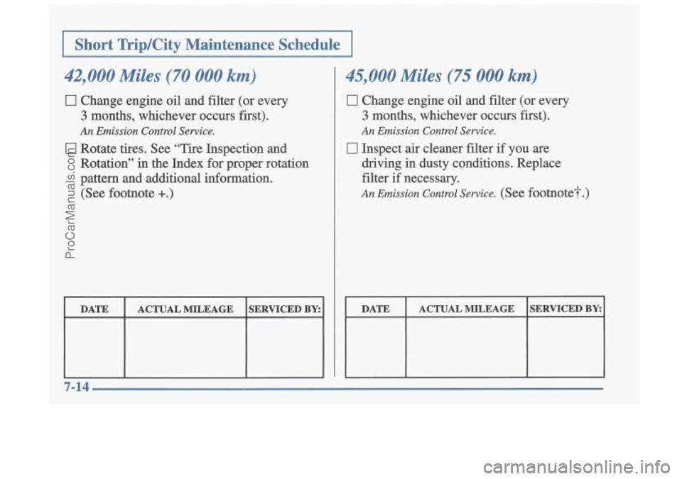 OLDSMOBILE CUTLASS 1997  Owners Manual I I Short  TripKity  Maintenance Schedule I 
I 42,000 Miles (70 000 km) 
0 Change  engine oil and  filter  (or  every 
3 months,  whichever  occurs  first). 
An Emission Control Service. 
0 Rotate  ti