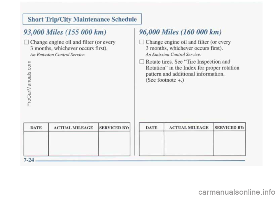 OLDSMOBILE CUTLASS 1997  Owners Manual 1 Short  Trip/City  Maintenance  Schedule I 
93,000 Miles (155 000 km) 
0 Change  engine oil and filter  (or  every 
3 months,  whichever  occurs  first). 
An Emission Control Service. 
DATE  ACTUAL  
