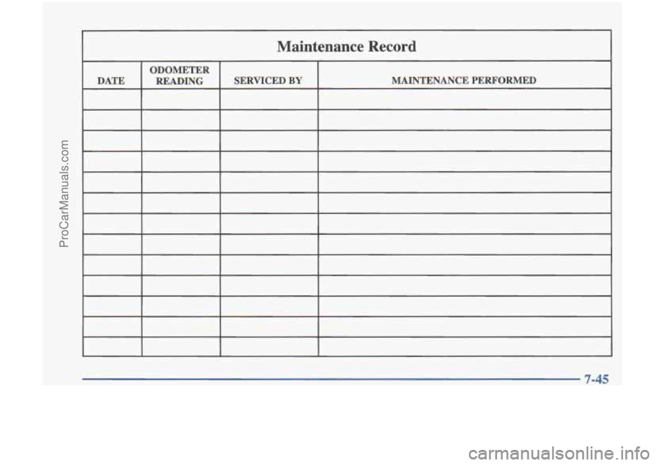 OLDSMOBILE CUTLASS 1997  Owners Manual Maintenance  Record 
ODOMETER 
DATE  MAINTENANCE  PERFORMED 
SERVICED 
BY READING 
.. ~ 
7-45 
ProCarManuals.com 