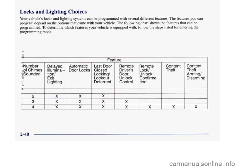 OLDSMOBILE SILHOUETTE 1998  Owners Manual Locks  and  Lighting  Choices 
Your vehicle’s  locks and lighting systems can  be programmed with several different features.  The features  you can 
program depend on  the options that  came with y