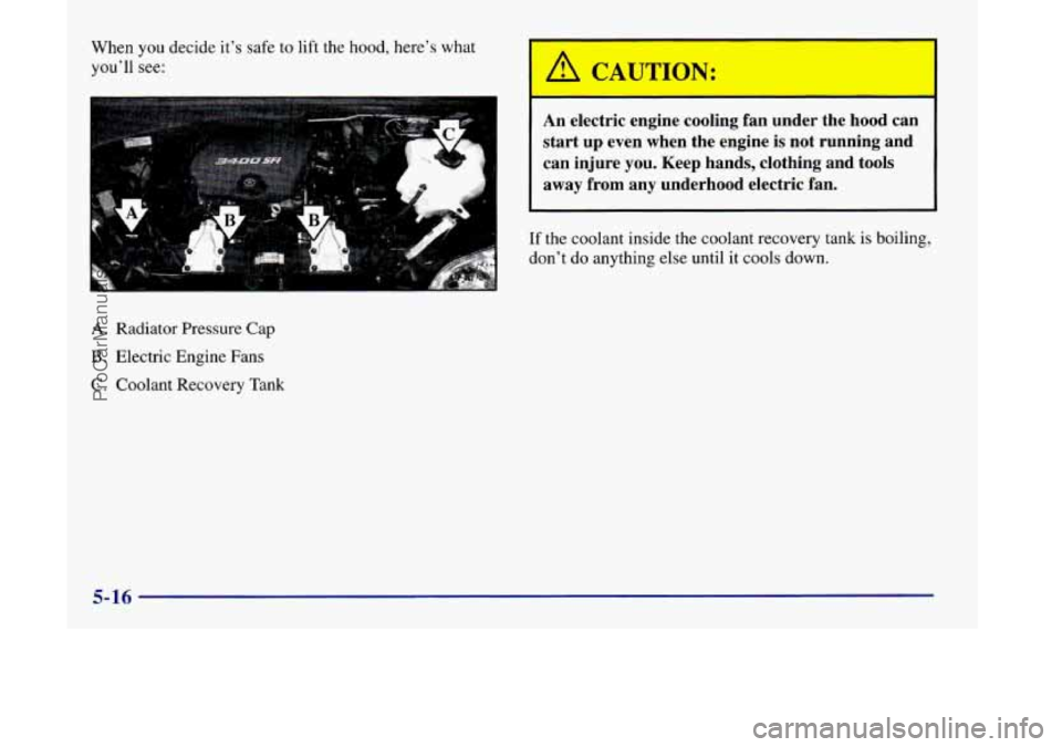 OLDSMOBILE SILHOUETTE 1998  Owners Manual When you decide  it’s safe  to  lift the hood, here’s what 
you’ll see: 
A. Radiator Pressure  Cap 
B. Electric Engine Fans 
C. Coolant Recovery  Tank 
I A CAUTION: 
An electric  engine  ling  f