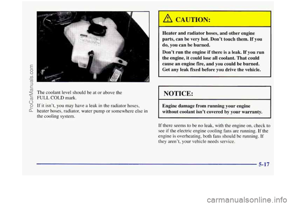 OLDSMOBILE SILHOUETTE 1998  Owners Manual The coolant  level should be  at or  above the 
FULL COLD mark. 
If  it isn’t, 
you may  have  a leak  in the radiator  hoses, 
heater  hoses,  radiator, water pump  or somewhere  else in 
the  cool