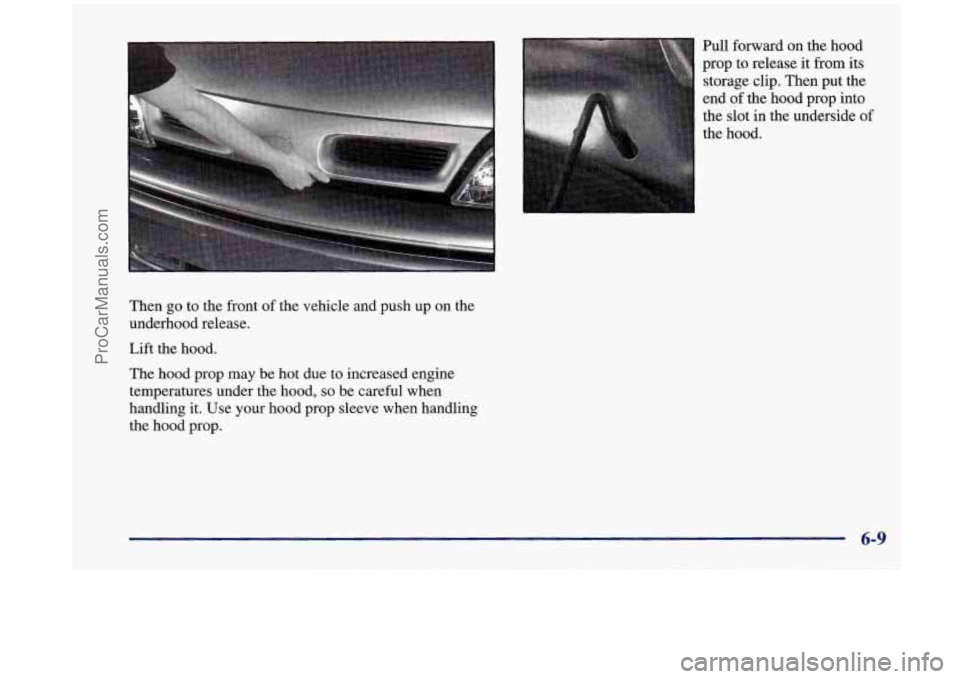 OLDSMOBILE SILHOUETTE 1998  Owners Manual Then go to the  front  of the  vehicle  and push  up on  the 
underhood  release. 
Lift  the  hood. 
The  hood  prop  may  be  hot due  to increased  engine 
temperatures  under the hood, 
so be caref